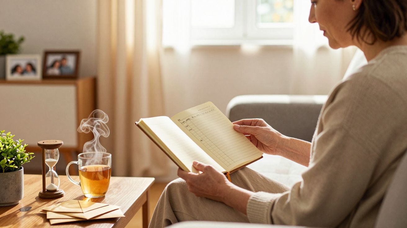 Mulher sentada a ler um caderno, com chá fumegante e ampulheta sobre a mesa ao seu lado.