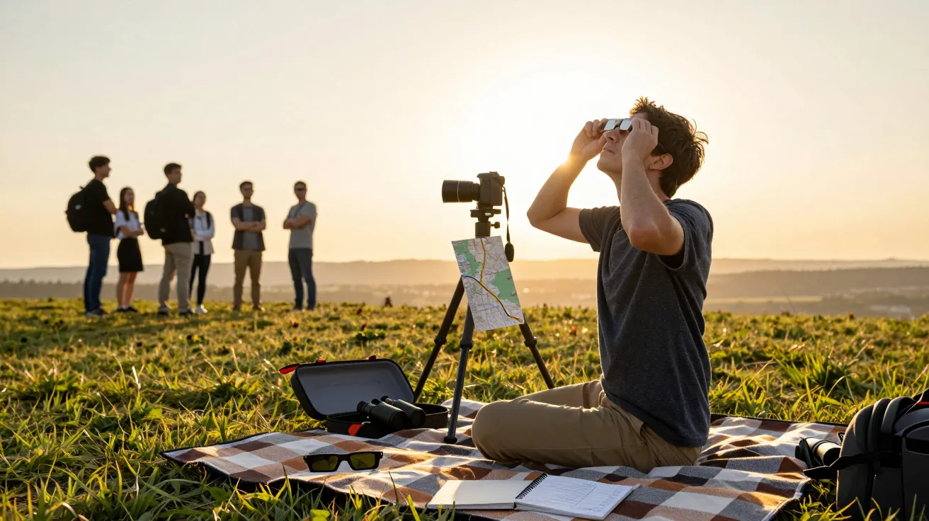 Jovem observa eclipse solar com óculos especiais num campo, sentado em manta, com câmara, mapa e grupo de amigos ao fundo.