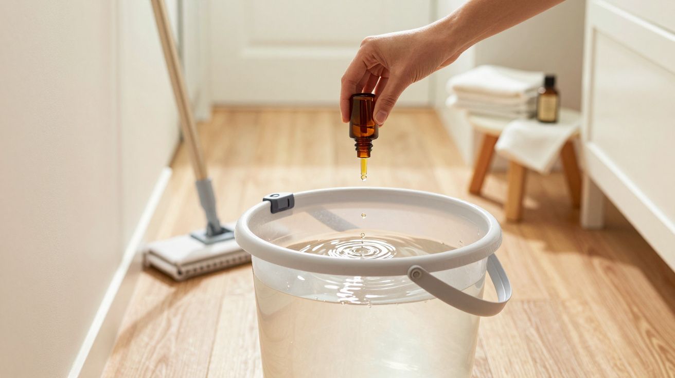 Mão adiciona óleo essencial a um balde de água sobre chão de madeira; ao fundo um esfregão e toalhas.
