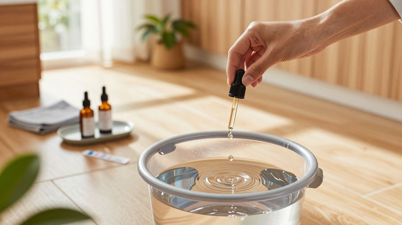 Mão adicionando gotas de óleo essencial numa bacia com água, com frascos no fundo.