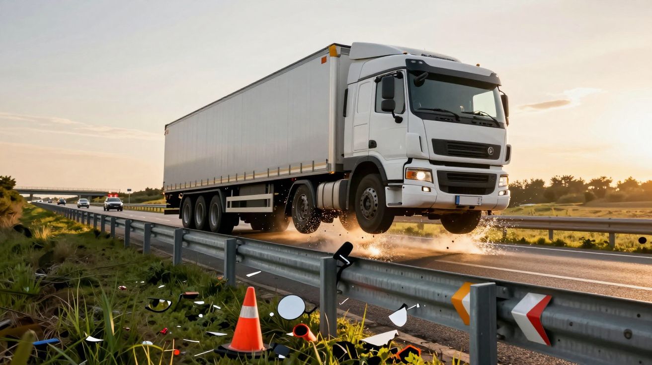 Camião branco a saltar ao atravessar uma barreira na autoestrada ao entardecer, com destroços e cones no solo.