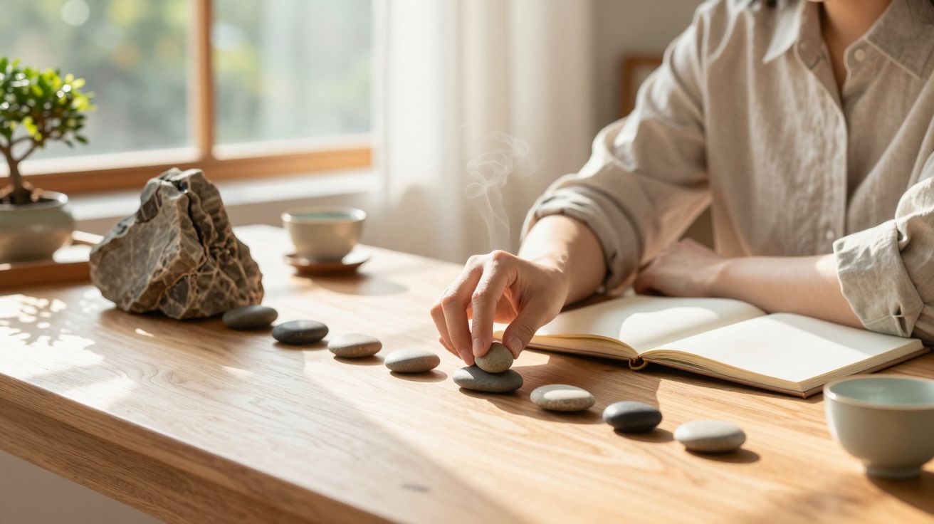Pessoa alinha pedras numa mesa de madeira ao lado de um caderno aberto e chá, com luz suave a entrar pela janela.