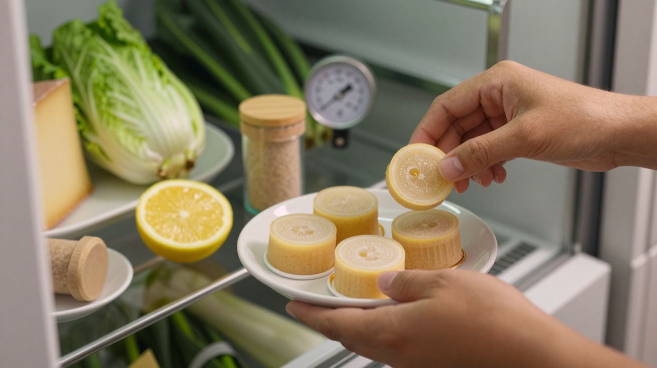 Mãos seguram prato com velas de citrino num frigorífico, com legumes, queijo e temperos ao fundo.