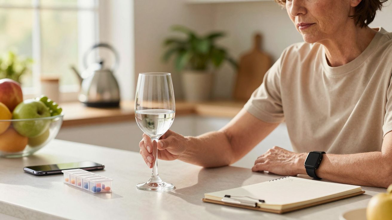 Mulher segura copo de vinho com bloco de notas, smartphone e caixa de comprimidos sobre a mesa na cozinha.