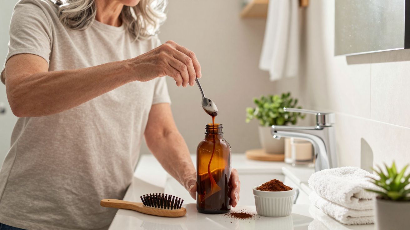 Mulher de cabelo grisalho enchendo frasco âmbar com colher ao lado de uma escova e uma tigela no lavatório.