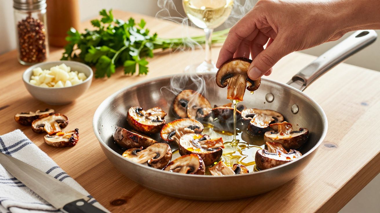 Pessoa cozinha cogumelos fatiados numa frigideira com azeite, ao lado de vinho branco e salsa em cima de uma mesa de madeira.