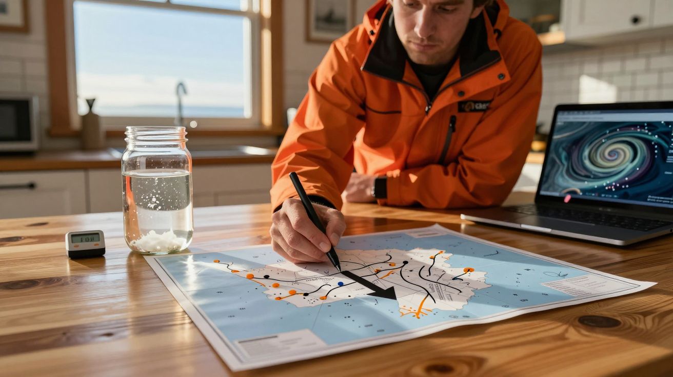 Homem com casaco laranja analisa mapa em bancada de madeira, próximo de jarro de água e portátil.