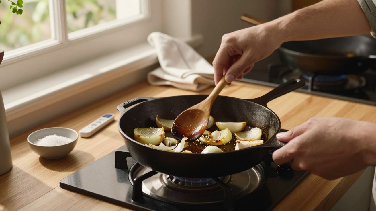 Mãos a mexer cebolas numa frigideira preta sobre um fogão a gás, com luz natural a entrar pela janela.