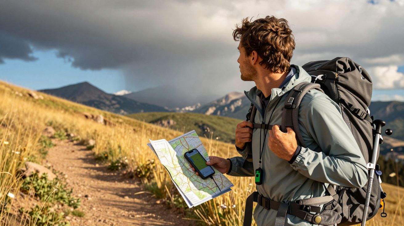 Homem em trilho de montanha com mochila, mapa e smartphone, olha para as nuvens escuras.