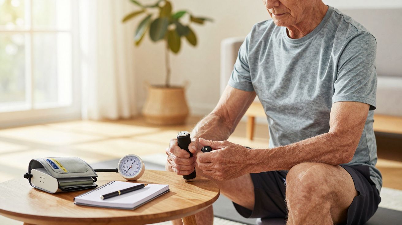 Homem idoso medindo a pressão arterial em casa, sentado com medidor e bloco de notas numa mesa redonda.