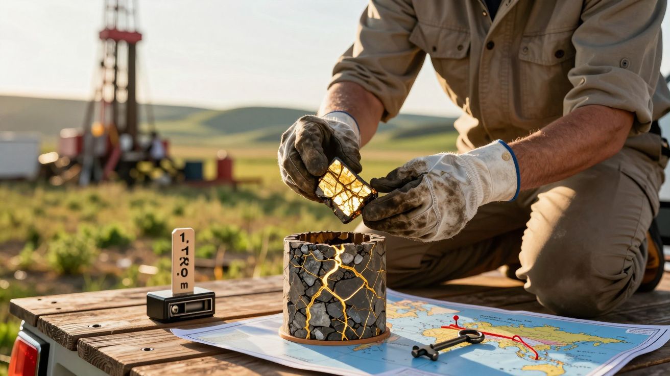 Geólogo manuseia amostra de rocha sobre mapa, com equipamento de perfuração ao fundo em paisagem rural.