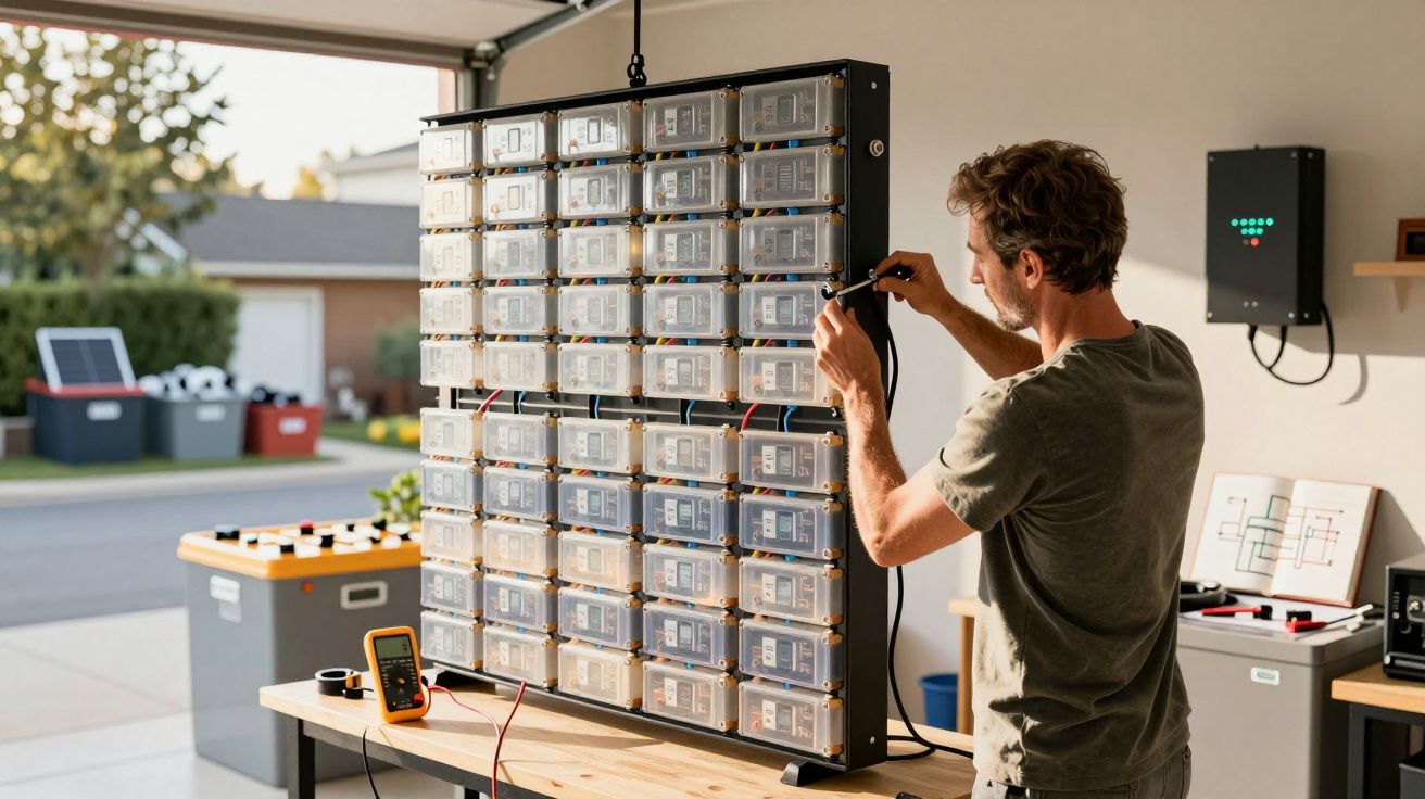 Homem repara painel de baterias numa garagem, com ferramentas e equipamento de teste sobre a mesa.