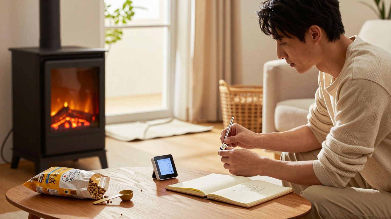 Homem sentado à mesa, escrevendo num caderno com lareira acesa ao fundo; pacote de snacks e dispositivo na mesa.