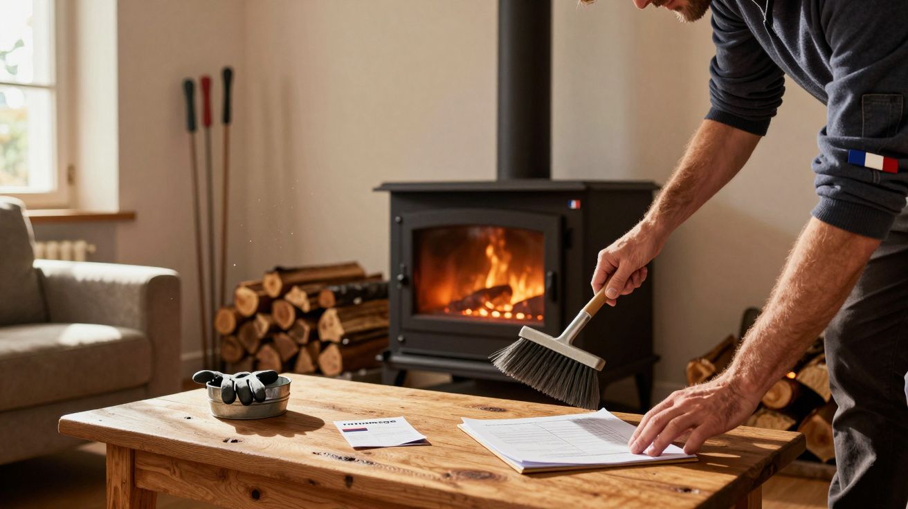 Homem limpa mesa de madeira com lareira acesa ao fundo, ao lado de pilha de lenha.