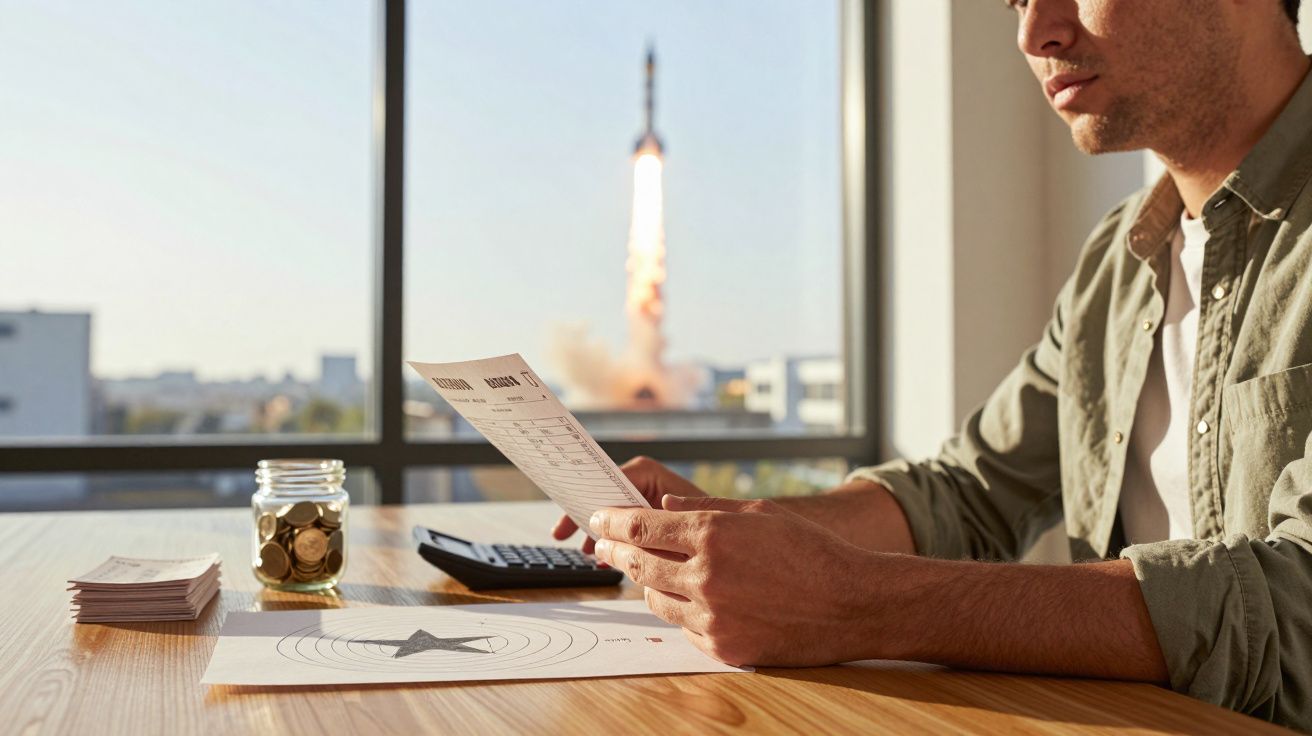 Homem analisa documentos financeiros à mesa, com foguete sendo lançado ao fundo pela janela.