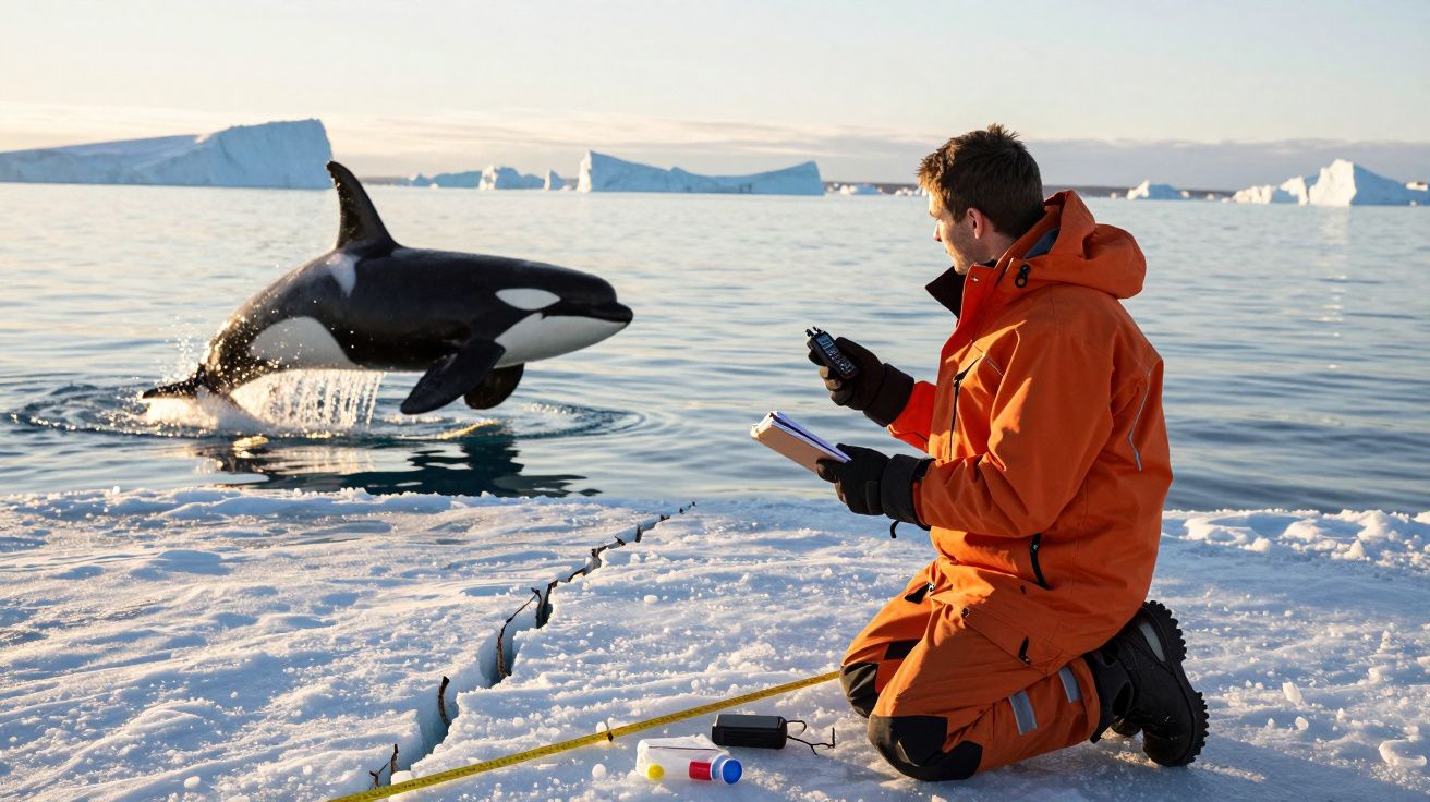 Investigador em casaco laranja observa orca a emergir da água num cenário ártico com gelo e icebergues.