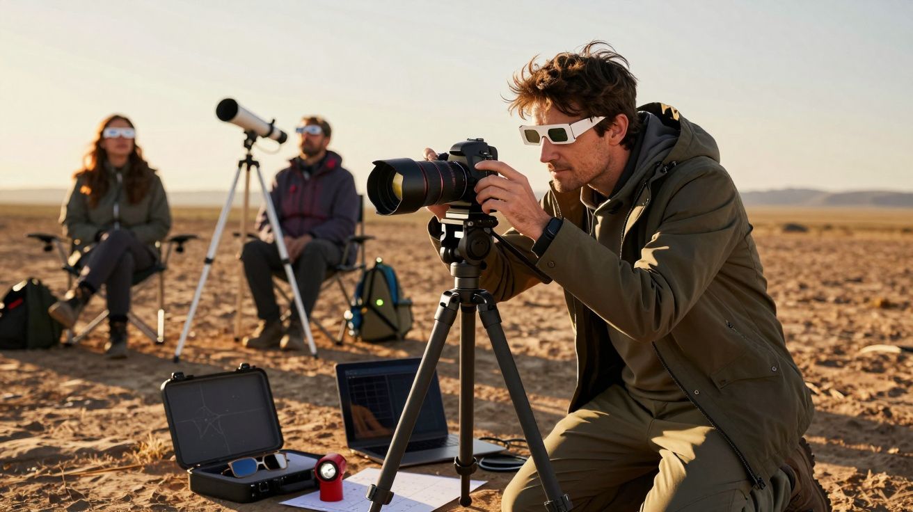 Homem fotografa deserto com câmara em tripé; duas pessoas observam ao fundo através de telescópio.
