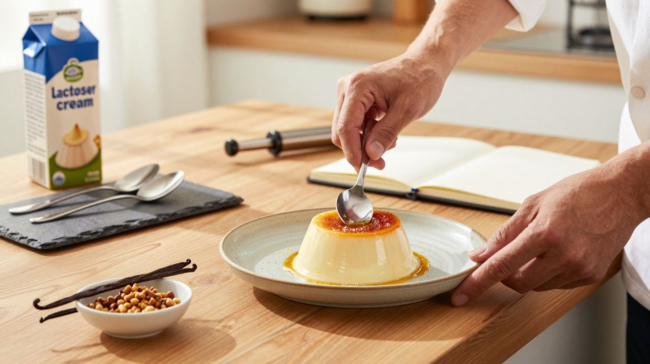 Pessoa servindo pudim de caramelo num prato, com creme de lactose na mesa de madeira ao lado.