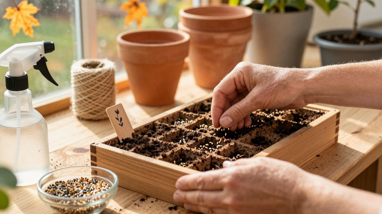 Mãos plantam sementes em tabuleiro de madeira numa mesa ao lado de vasos e borrifador, com luz solar entrando pela janela.