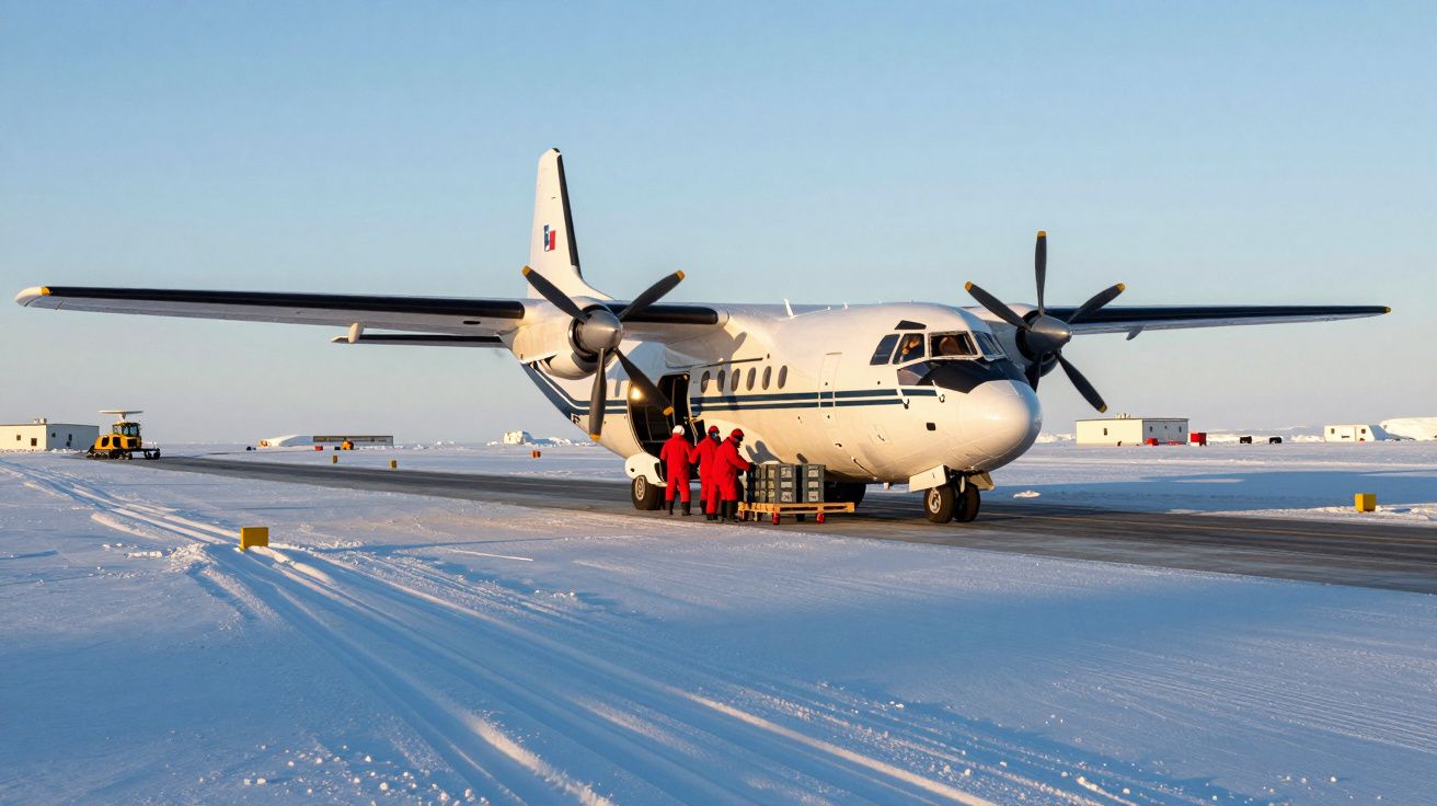 Avião de hélice estacionado na neve com pessoas a carregar caixas na entrada traseira.