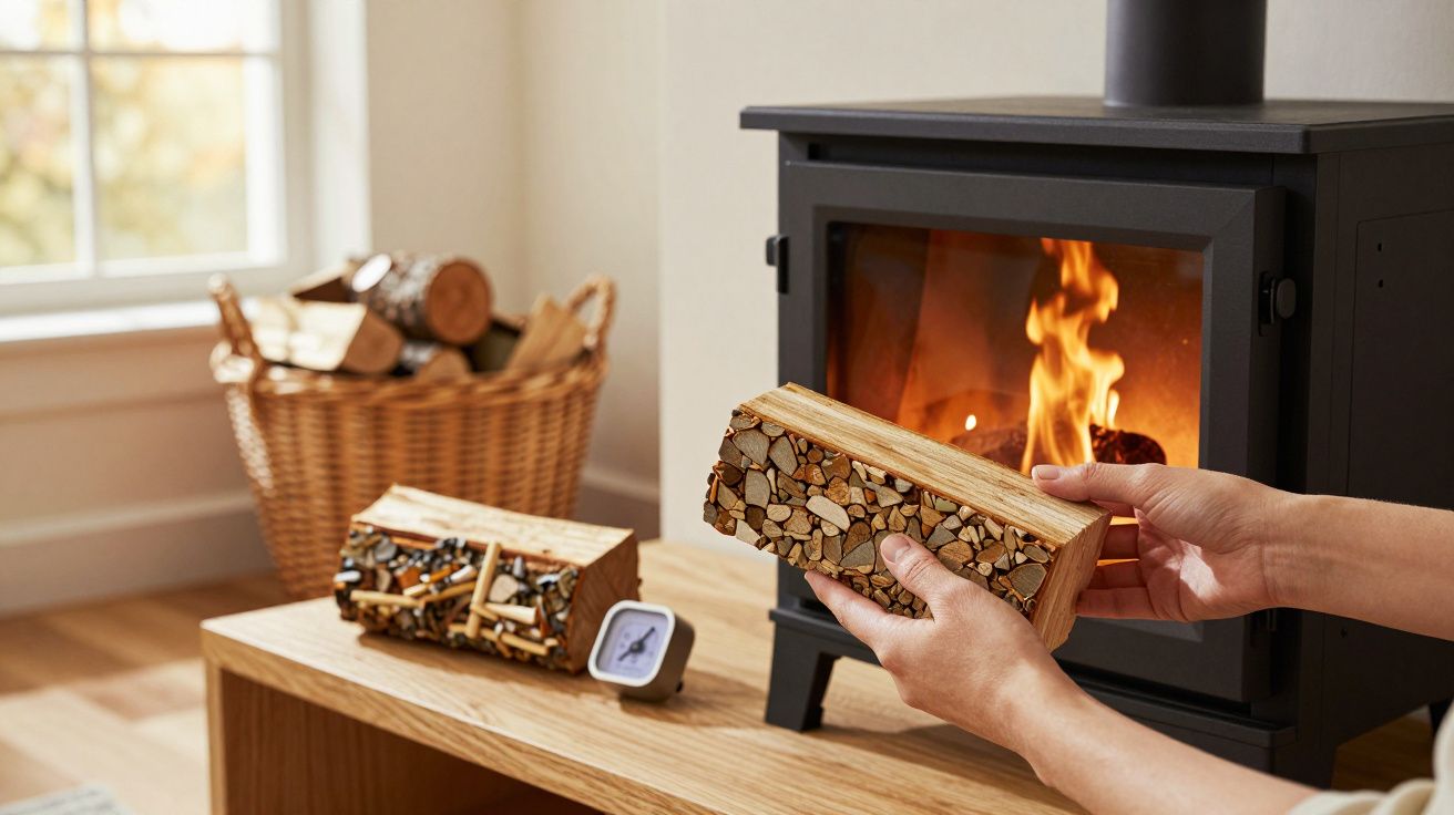 Pessoa coloca lenha na lareira acesa; cesta de lenha e relógio sobre a mesa ao lado.