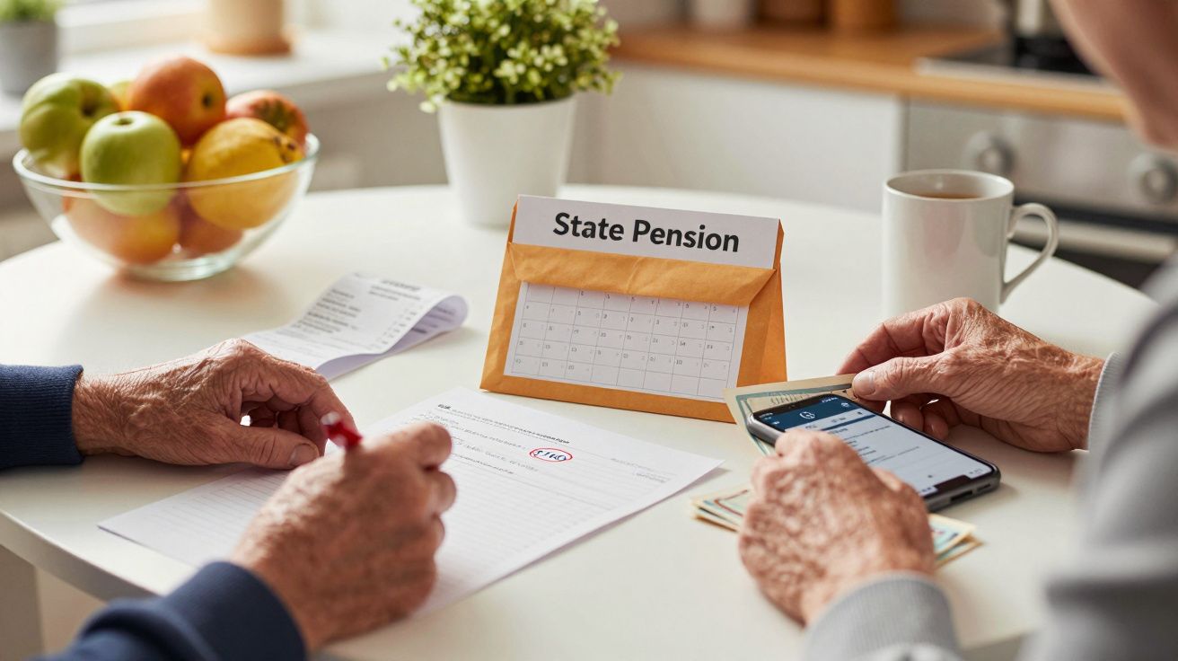 Duas pessoas analisam documentos de pensão sobre mesa branca com fruta e chávena ao fundo.