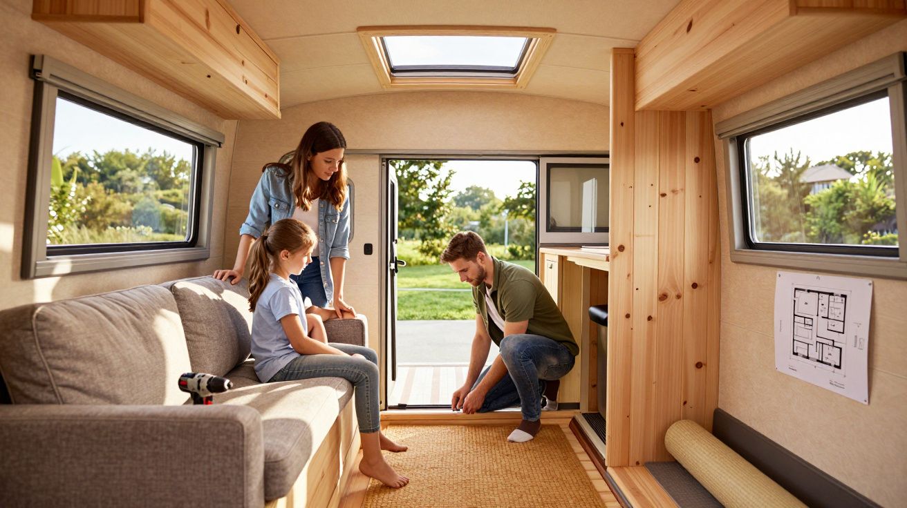 Família em caravana moderna com interiores em madeira, homem a ajustar tapete, mulher e criança sentadas a observá-lo.
