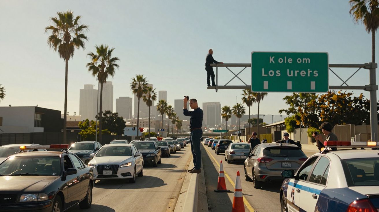Trânsito congestionado em autoestrada com palmeiras, homens junto a carros parados e pessoa numa placa de sinalização.