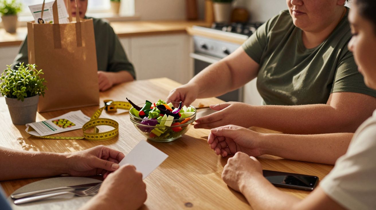 Pessoas na mesa comendo salada, fita métrica e telemóveis ao lado.