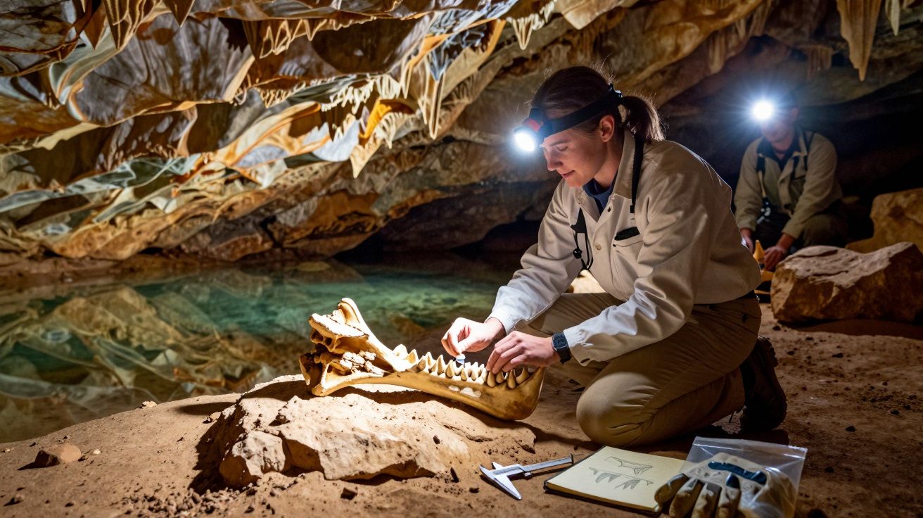 Investigadora examina fósseis numa caverna iluminada, usando equipamento de arqueologia.