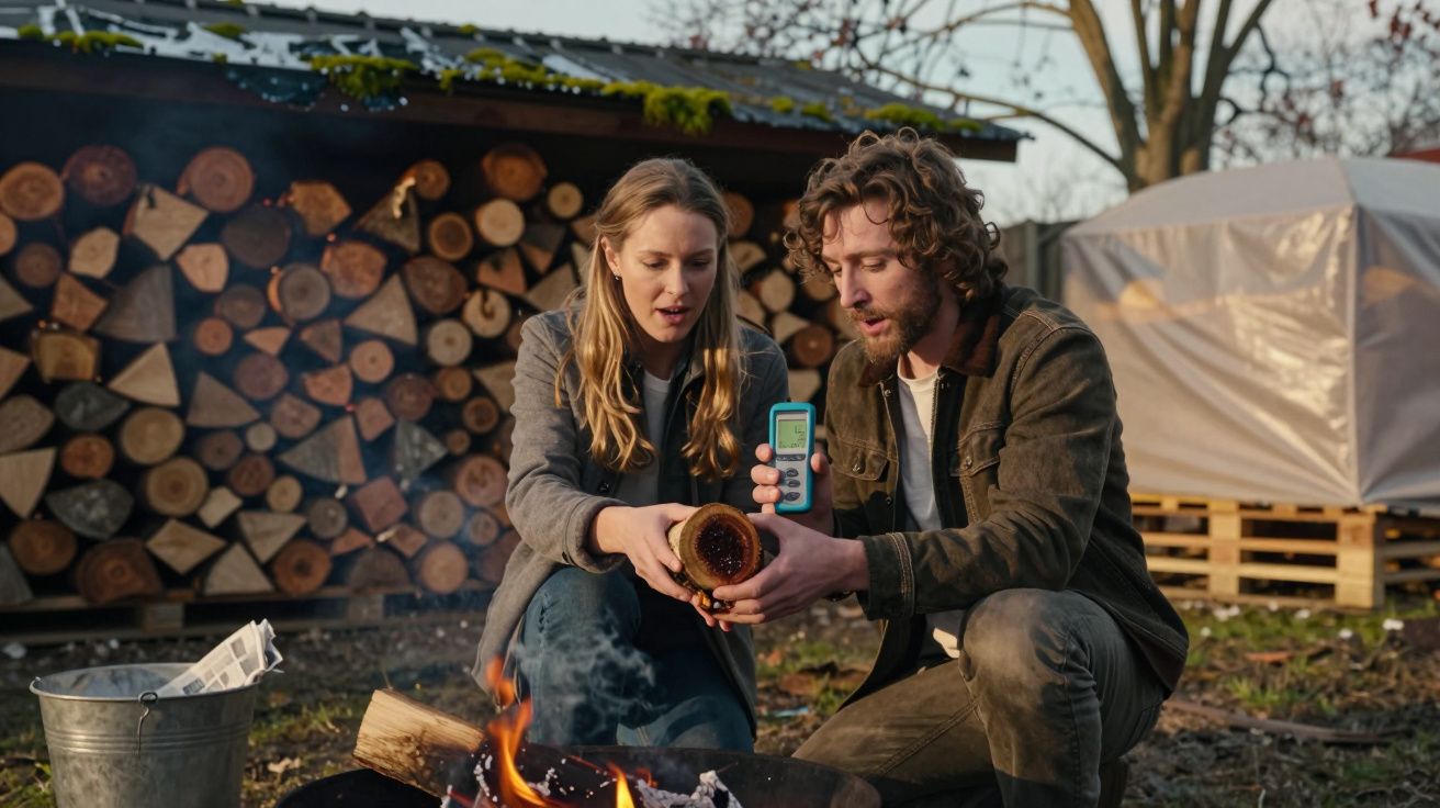 Duas pessoas sentadas ao ar livre, inspecionam um tronco junto a uma fogueira, com pilha de lenha ao fundo.