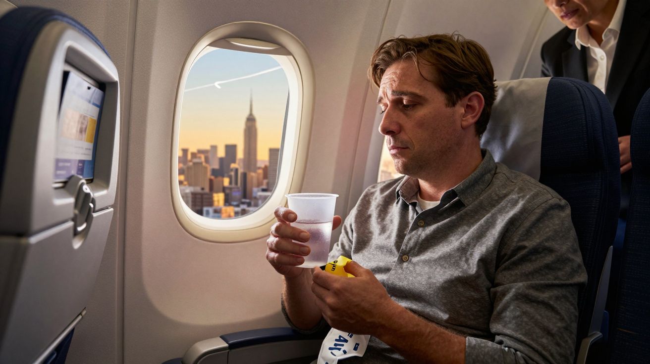 Homem num avião a segurar num copo de plástico com vista sobre a cidade pela janela.