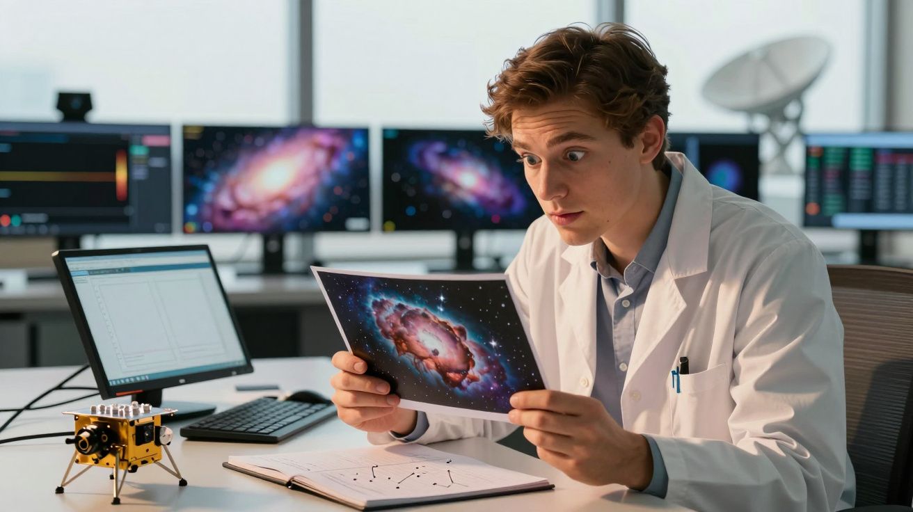 Cientista observa imagem de galáxia em escritório com computadores e gráficos ao fundo.