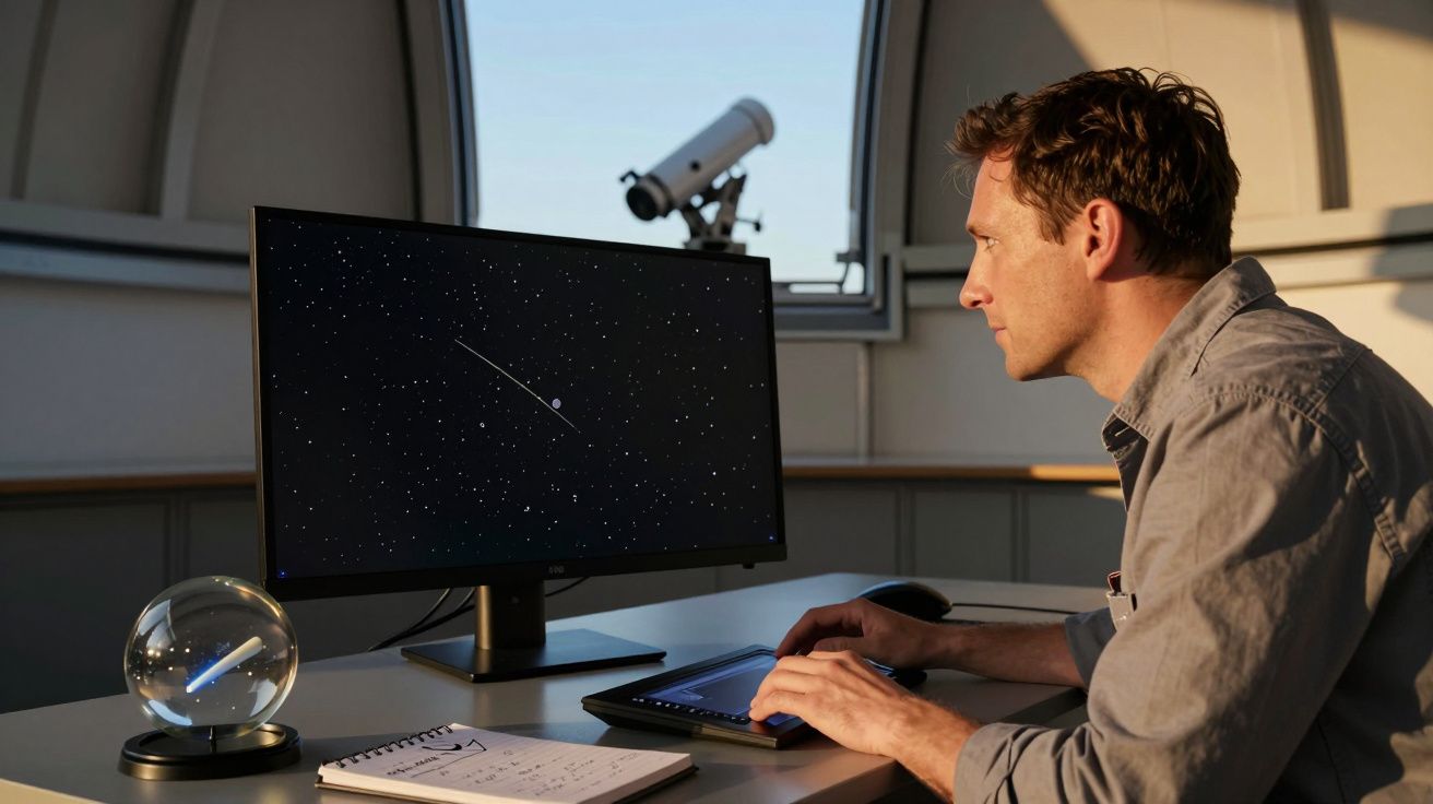 Homem observa ecrã com estrelas num observatório, com telescópio ao fundo e esfera de vidro iluminada na mesa.