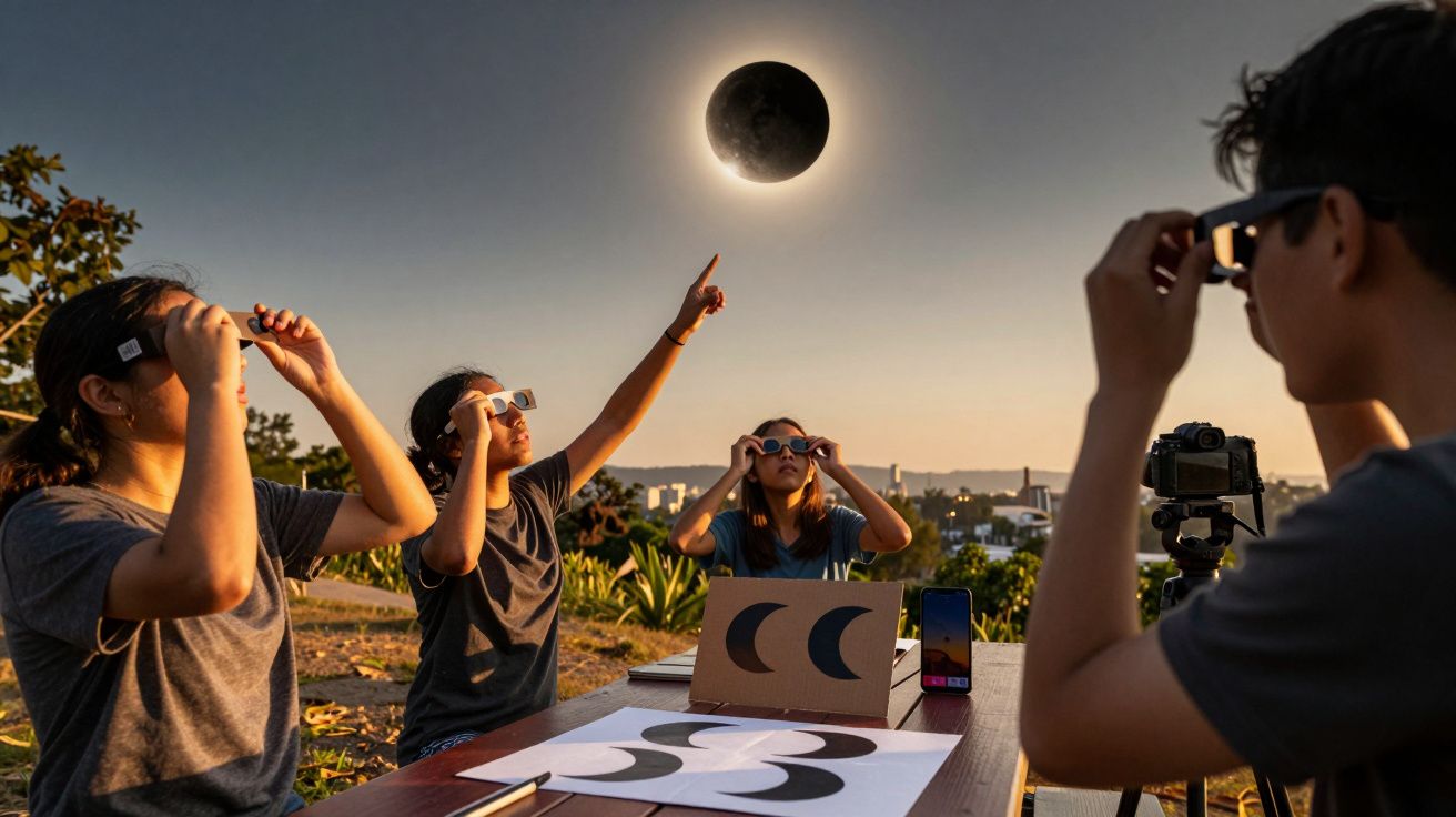 Grupo de pessoas observa um eclipse solar com óculos de proteção, numa área ao ar livre ensolarada com árvores ao fundo.