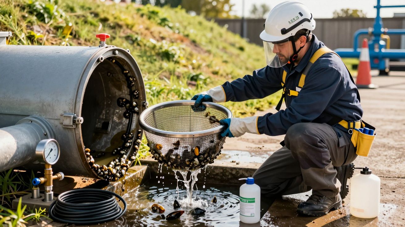 Trabalhador com capacete e luvas, coando mexilhões de tubo metálico numa área industrial ao ar livre.