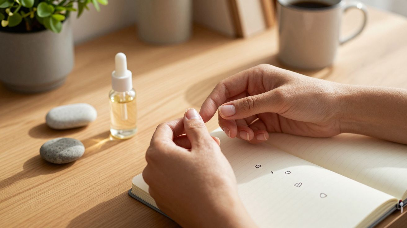 Mãos segurando pulseira sobre caderno aberto em mesa com pedras, frasco conta-gotas, planta e caneca de café.