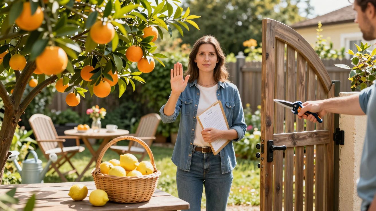 Mulher segura folhas, gesto de parar, em jardim com laranjeira e cesto de limões. Alguém segura tesouras de poda.