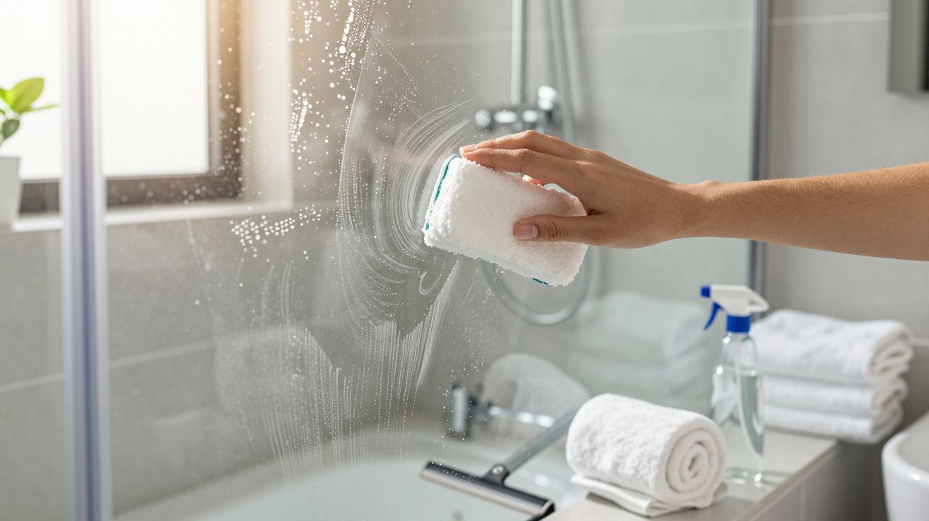 Pessoa a limpar uma divisória de vidro na casa de banho com esponja, toalhas e detergente ao fundo.