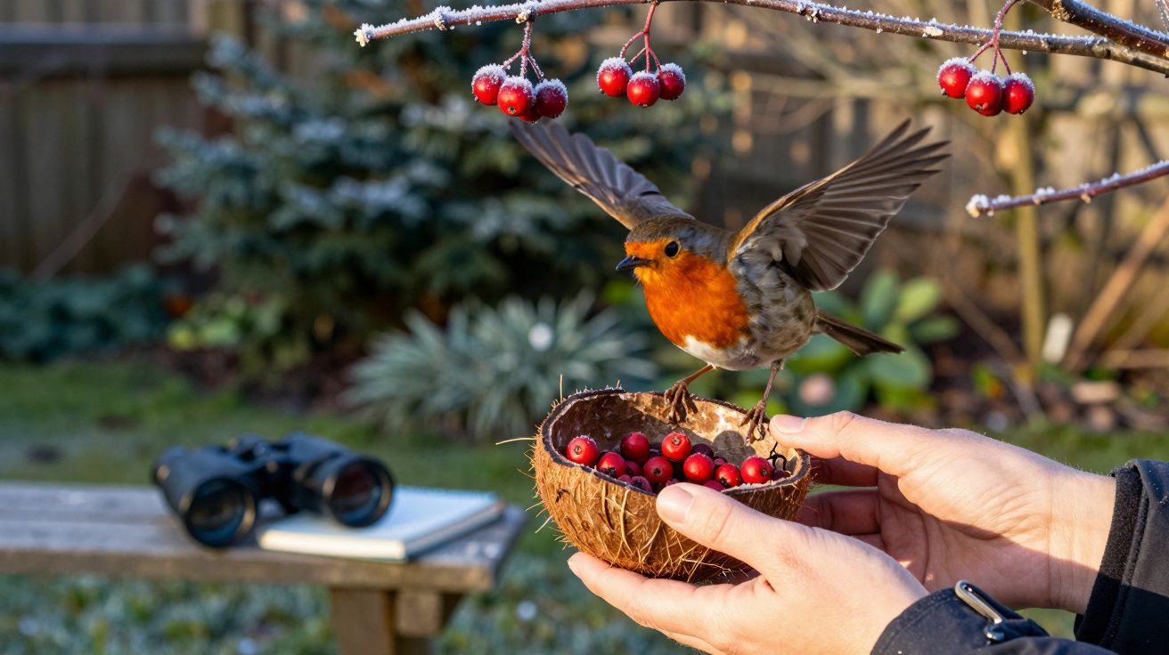 Pisco-de-peito-ruivo pousando numa metade de coco com bagas vermelhas, em mão humana num jardim com galhos de inverno.