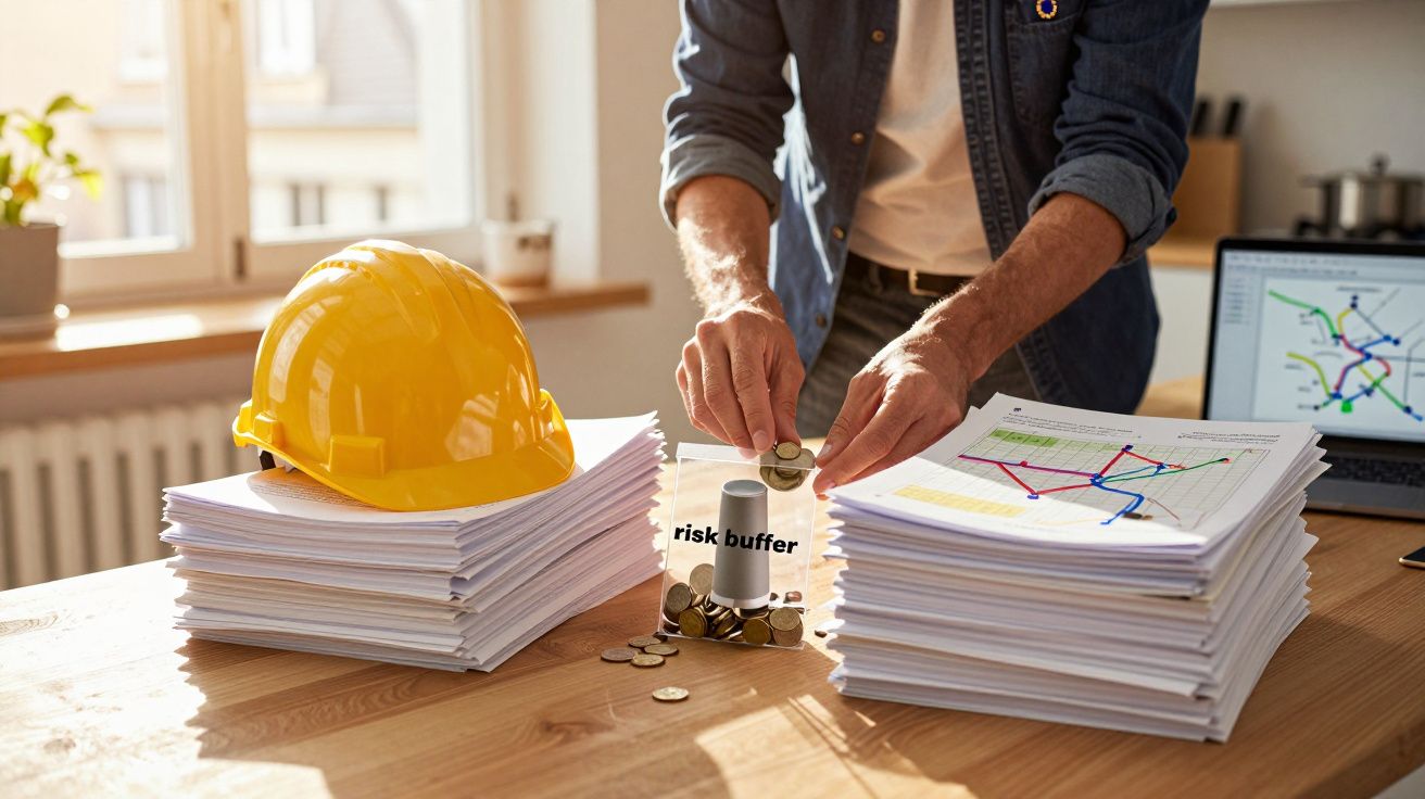 Homem coloca moedas num copo com "risk buffer" em mesa com capacete de obra e pilhas de documentos.