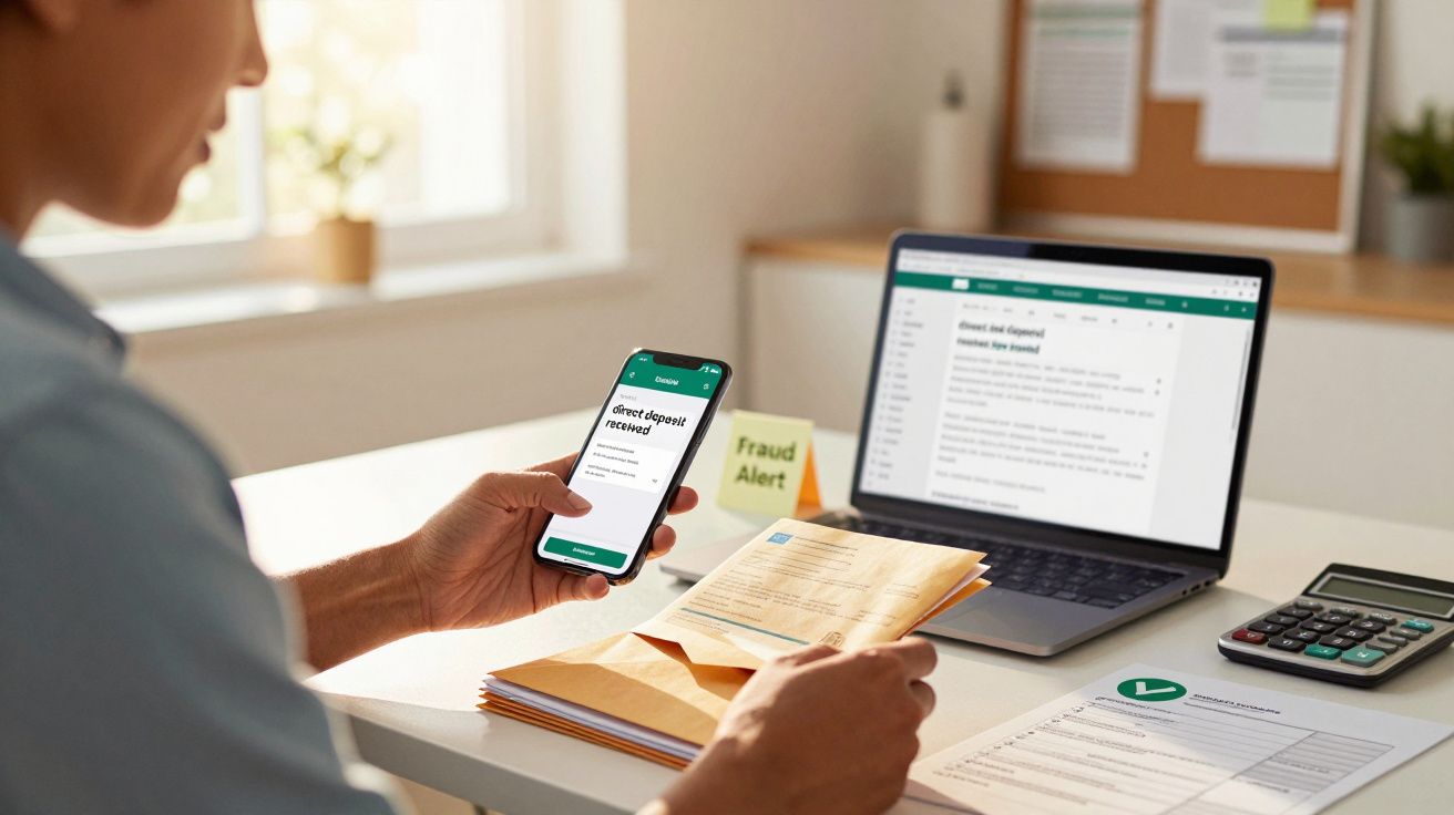 Homem segura smartphone com pedido de depósito enquanto consulta computador portátil e documentos em secretária iluminada pel