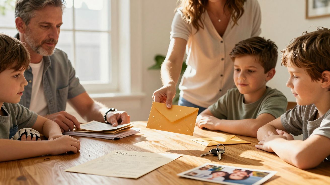 Família sentada à mesa com envelopes e fotos, discutindo juntos.