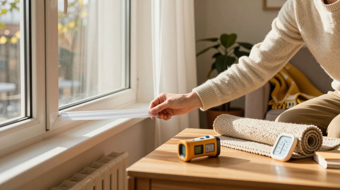 Pessoa aplica fita adesiva numa janela de vidro. Mesa com ferramentas e tecidos ao fundo.