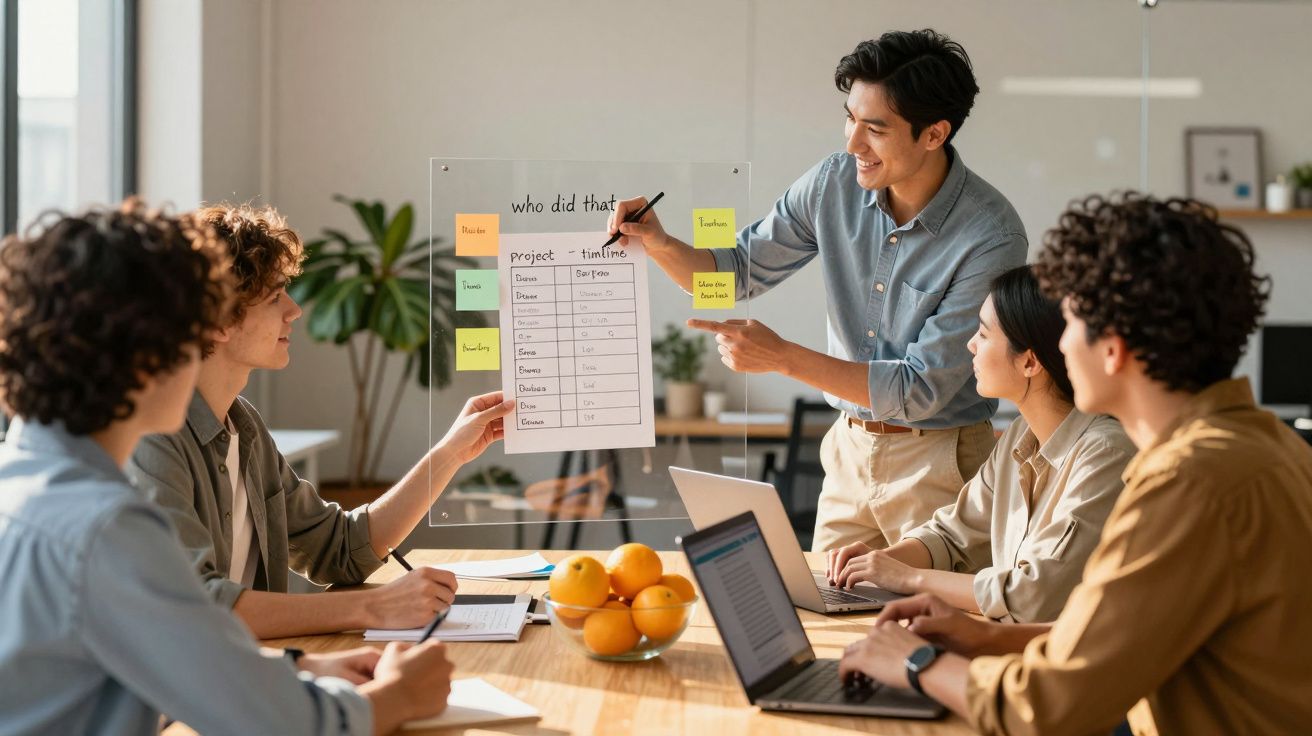Homem apresenta gráfico a colegas de trabalho numa reunião, com laptops e laranjas sobre a mesa.