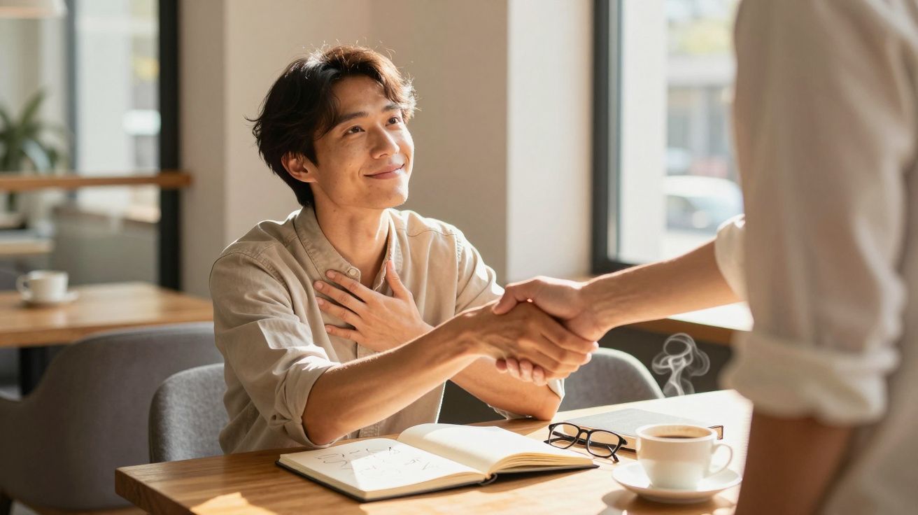 Homem sorridente em café, apertando a mão a alguém, com uma chávena de café e caderno abertos sobre a mesa.