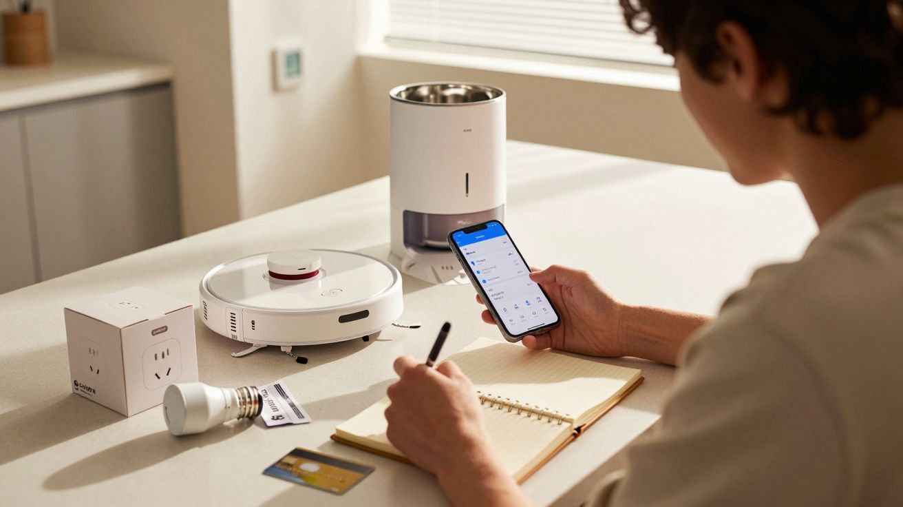 Homem usa smartphone à mesa com caixa, lâmpada inteligente e robô aspirador. Anotações num caderno à frente.