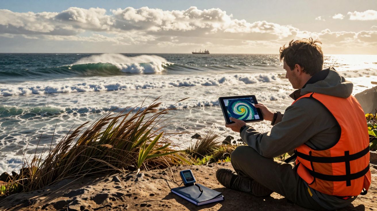 Homem com colete salva-vidas analisa dados climáticos num tablet à beira-mar; ondas e céu nublado ao fundo.