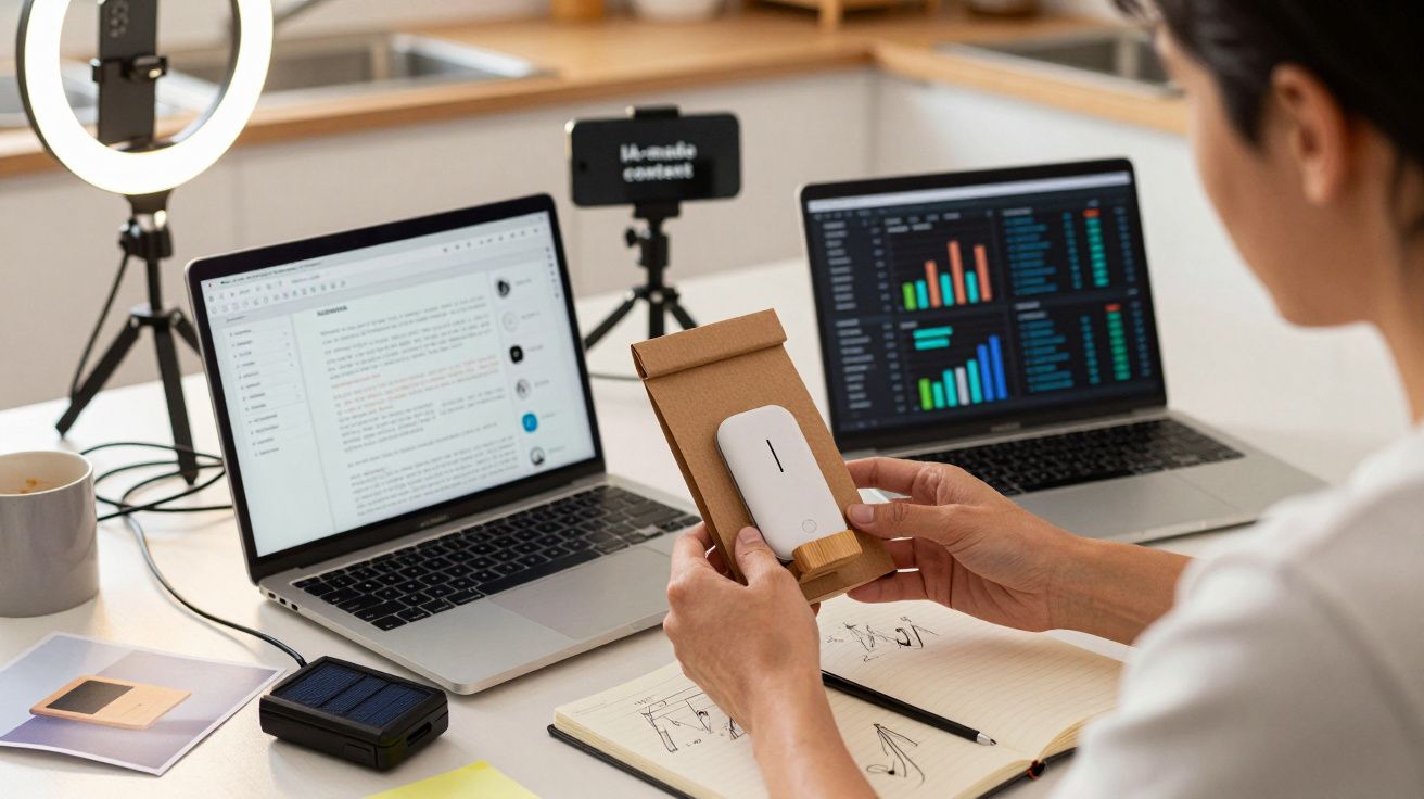 Pessoa a segurar embalagem castanha em frente a dois portáteis com gráficos e texto, numa mesa de trabalho.