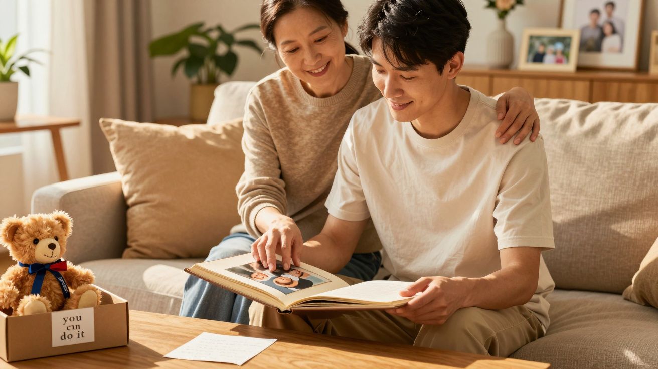 Casal sorridente folheia álbum de fotos no sofá da sala. Urso de peluche ao lado com etiqueta "you can do it".